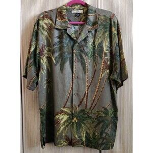 Tommy Bahama Silk Shirt Size L Gray Palm Trees Tropical Hawaiian Relax EUC